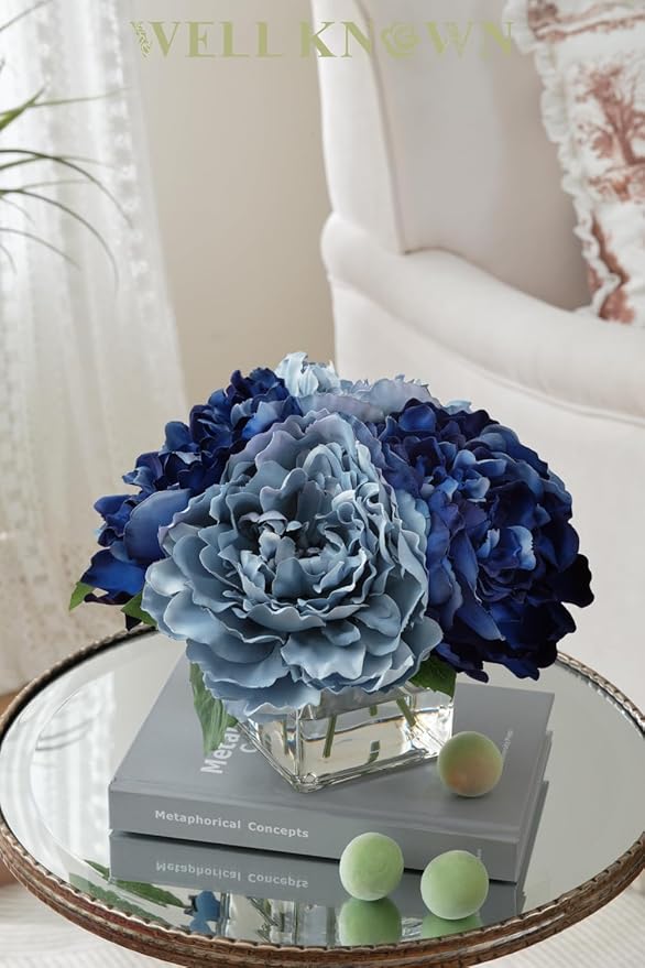 Artificial Peonies Flowers Arrangements in Cube Glass Vase, WELLKNOWN Silk Flower Centerpieces for Dining Room Table, Coffee Table Decor, Faux Peony Flowers with Faux Water (Bicolor Blue)