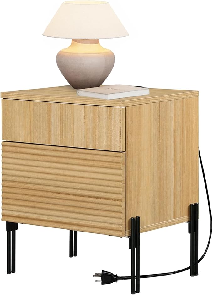 WAMPAT Fluted Nightstand with Charging Station,19.7" Tall Mid Century Modern Night Stands, Wood Side End Table with 2 Drawers, Wood Bedside Table with Metal Legs for Bedroom,Living Room, Oak