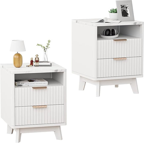Fluted White Nightstand Set of 2, 18" Modern Bed Night Stand with Faux Marble Top, 2 Drawers, Open Storage Shelf, Living Room End Table, Curved Edge Bedside Table for Bedroom