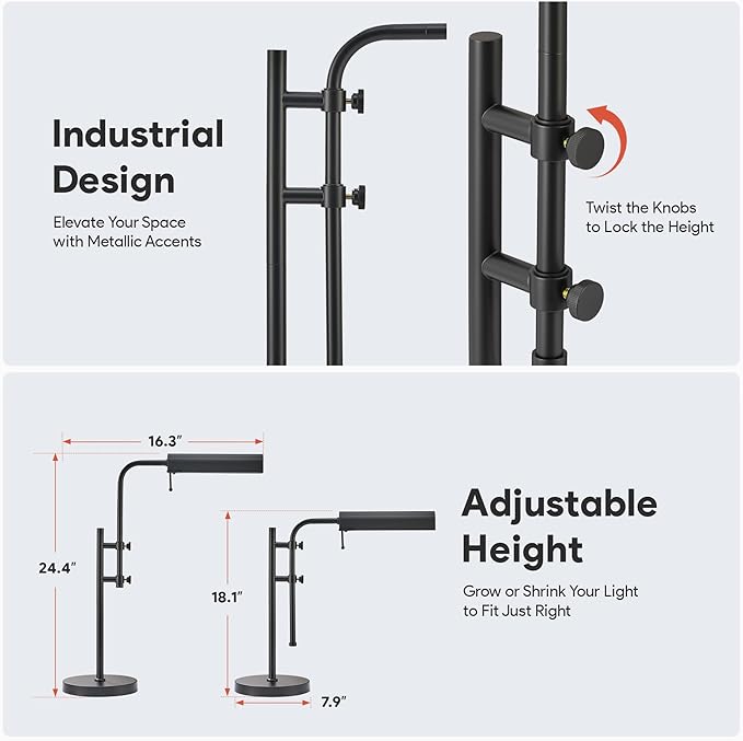 VONLUCE Rustic Desk Lamp, Adjustable Industrial Style Metal Table Lamp, 3 Color Temperatures LED Reading Lamp for Living Room Bedroom Office, Black