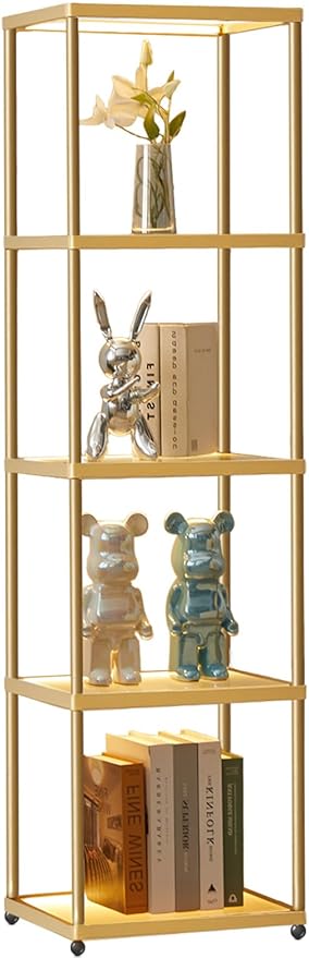 MANBUR Display Shelf with Dimmable LED Floor Lamp, Display Cabinet with Glass Bookcase, Home Decor, Bedroom Decor, Bookshelf with Light, Open Book Shelf with 5-Tier Shelf for Living Room Decor Gold