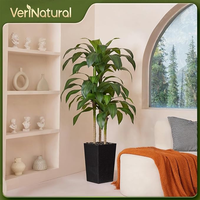 5FT Artificial Dracaena Tree - UV Resistant Faux Tropical Plant, Potted Fake Tree with Taper Planter & Pebbles - Indoor Outdoor Greenery for Home, Porch, Living Room, Bedroom Decor, VN127