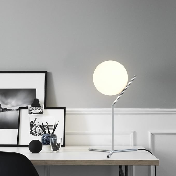 BOKT Modern Chrome Metal Globe Table Lamp Contemporary Milk White Glass Reading Lamp 1-Light E26 Table Standing Lamp Home Decor Glass Ball Iron Lighting Fixture for Bedside Hotel Shop Office Gifts