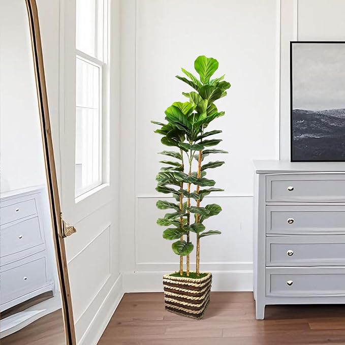 Artificial Fiddle Leaf Fig Tree Indoor with Woven Basket - 5ft Tall Fake Tree with Real-Wood Trunk,Faux Plants for Living Rooms, Offices, Kitchens & Outdoor Spaces (Square Basket)