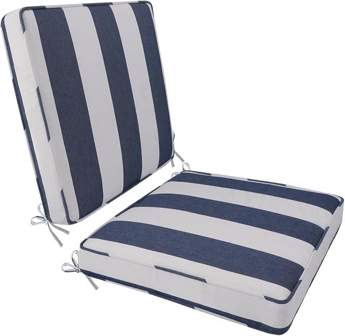 Outdoor Chair Cushion 18 x 18 x 3 Inch, Waterproof & 3-Year Fade Resistant Patio Furniture Cushions, Removable Cover and Adjustable Ties for Garden Sofa Couch (Sapphire Blue Cabana Stripe)