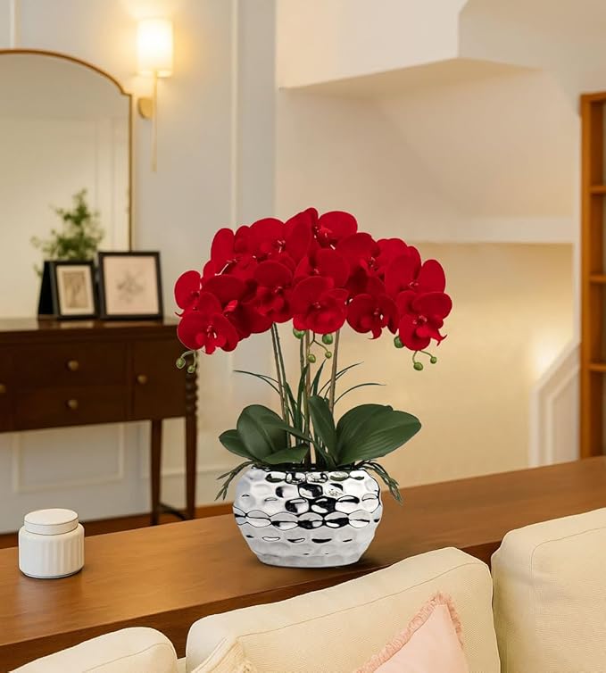 Briful Red Orchid Artificial Flowers 18" Large Silk Orchid with Silver Ceramic Pots Fake Orchid Arrangement for Home Office Bathroom Living Room Table Decoration