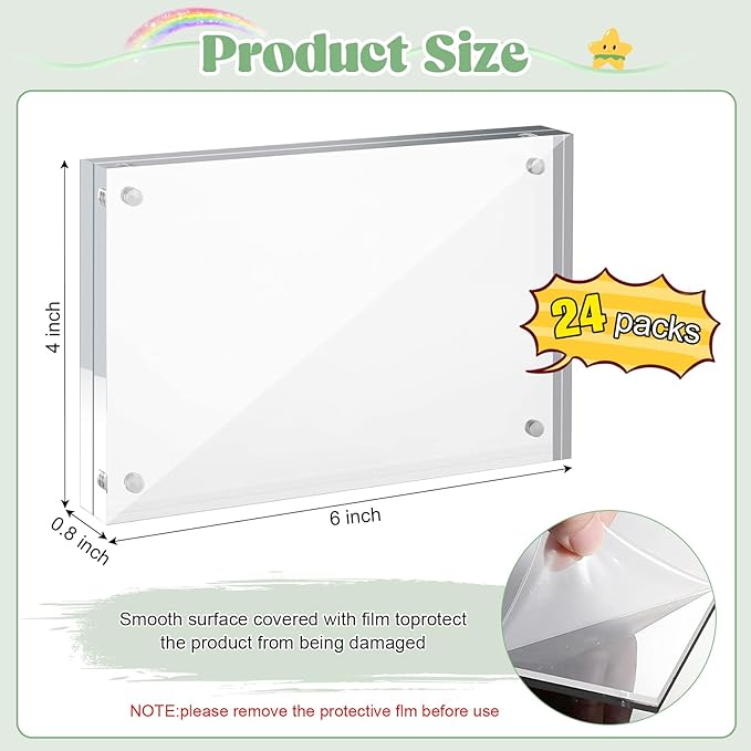 24 Pcs Acrylic Picture Frames, Clear Picture Frames Frameless Magnetic Picture Frame Double Sided Magnetic Photo Frame Free Standing Desktop Display Stand for Bedroom Living Room Home (Transparent, 4X6)