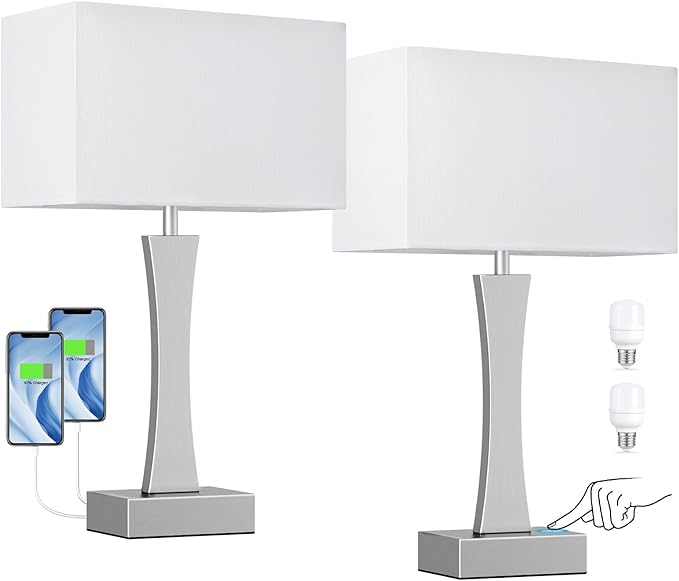 Bedside Lamps for Night Stands - 3 Way Dimmable Table Lamp for Bedroom with USB C+A Ports,Modern Bedside Lamps Set of 2, Touch Lamps for Nightstands(Silver)