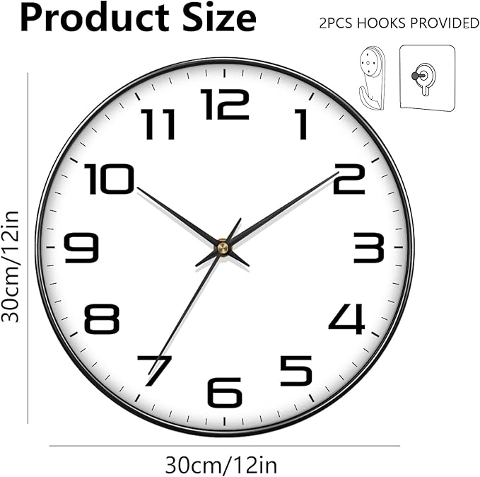 Modern Wall Clocks Battery Operated - 12 inch Silent Non Ticking Quartz Analog Clock with Large Easy Read Numbers, Tempered Glass Decorative Wall Clocks for Living Room Bedroom Kitchen Gym