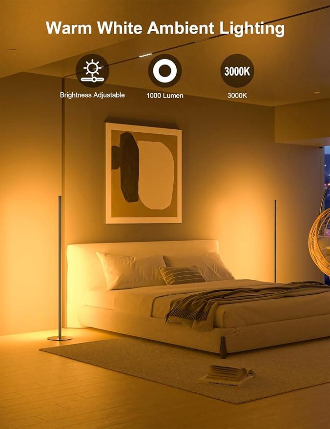 RGB IC Corner Floor Lamp, Upgraded LED Corner Lamp APP and Remote Control, 16 Million Colors and Warm White, Music Sync, Timing Function, Color Changing Ambient Light for Living Room Bedroom Gaming