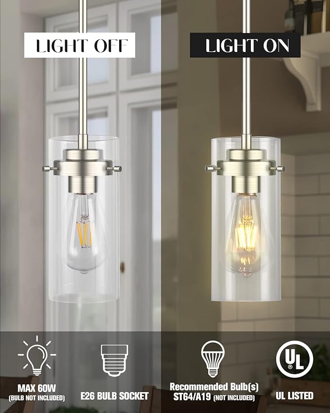 EAPUDUN Pendant Light (2 Packs), Kitchen Lights Ceiling Hanging, Kitchen Light Fixtures Brushed Nickel Finish, Farmhouse Pendant Lighting for Kitchen Island Room-PDA1353-B-BNK