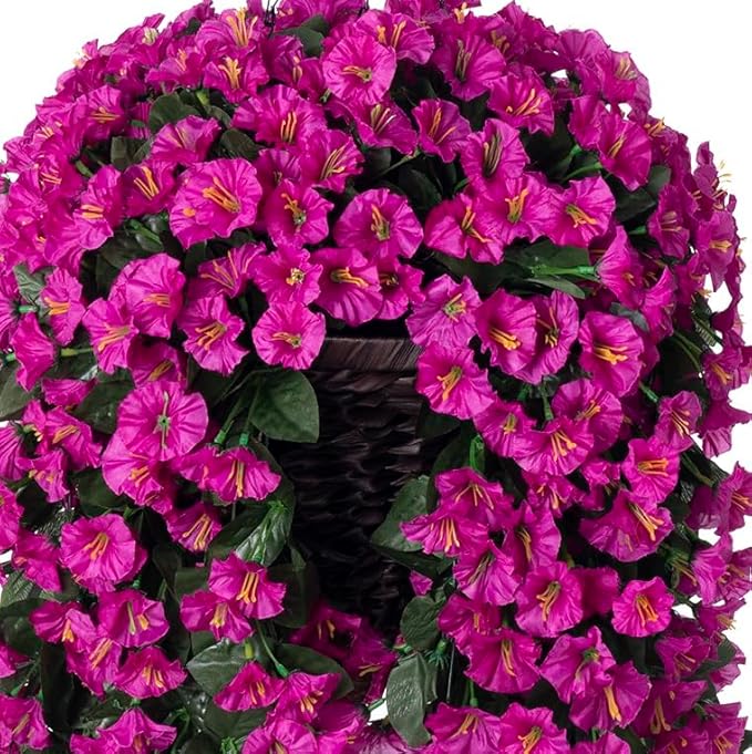 Artificial Fake Hanging Flowers Plants Basket for Outdoor Winter Summer Decoration, Faux Silk UV Resistant Look Real Fuchsia Morning Glory Long Stems in Planter for Outside Porch Patio Balcony Home