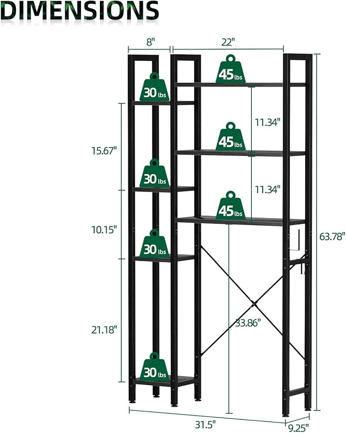 OTK Over The Toilet Storage with 7-Tier Bathroom Organizer Shelf, Freestanding Space Saver with Hooks & Adjustable Feet, Storage Rack for Bathroom, Restroom, Laundry, Black