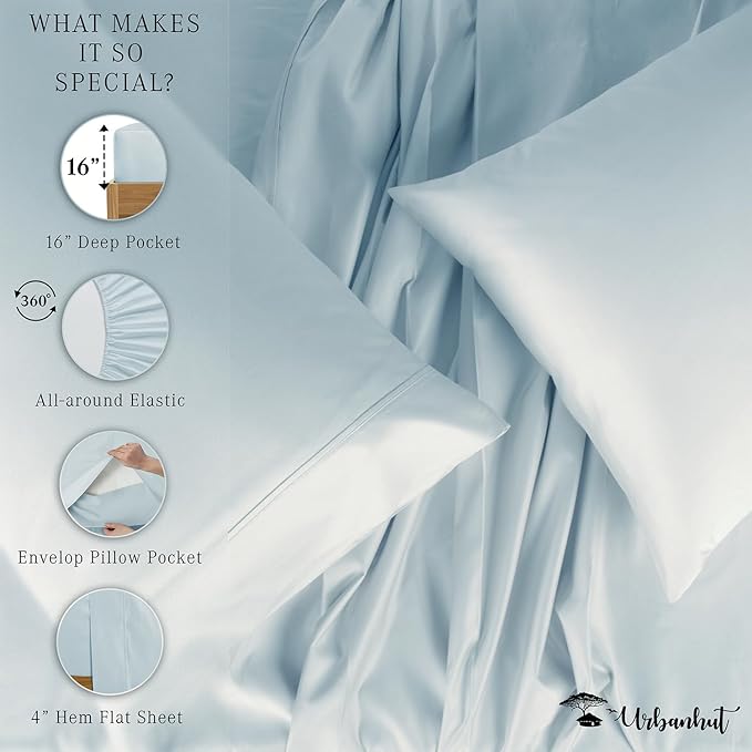 URBANHUT 700 Thread Count Queen Size Egyptian Cotton Sheets, 4Pc Sheet Set Soft Luxury Bed Sheets for Queen Size Bed, Sateen Weave Hotel Sheets, 16'' Elasticized Deep Pocket - Light Blue
