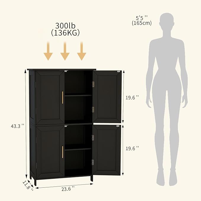 Bathroom Storage Floor Cabinet Freestanding Organizer with Adjustable Shelves for Bathroom Bedroom Laundry Room,4 Doors