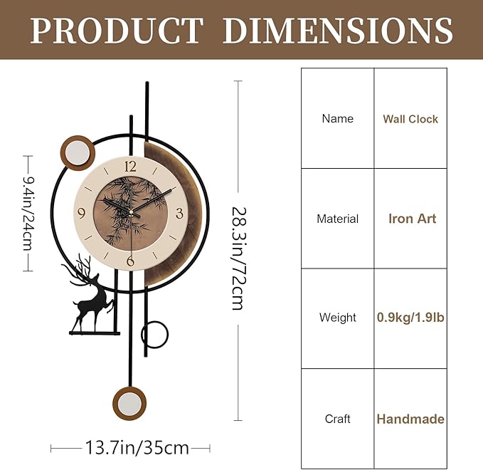 Wall Clocks for Apartment Decor Non Ticking Modern Large Clock Wall Decor Bedroom/Kitchen/Living Room Battery Operated Clock Brown Bamboo Patterns 27"*12"