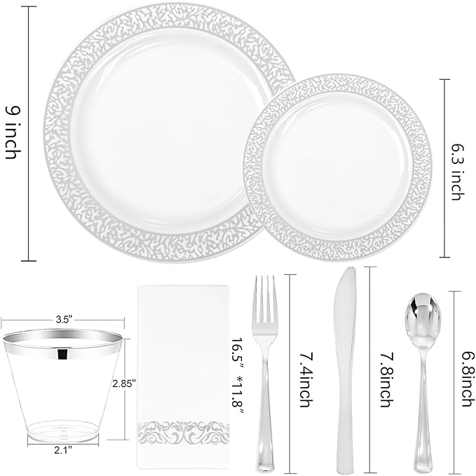 Festiva 350PCS Silver Plastic Dinnerware Set - Disposable Lace Silver Plates and Napkins Party Supplies - include plates,napkins,cups,silverware - Serve for 50 Guests Party&Wedding