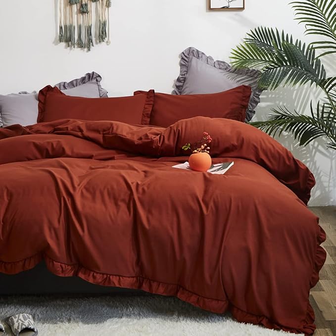 CLOTHKNOW Rust Ruffles Queen Comforter Set Farmhouse Fluffy Bedding Comforter Sets Burnt Orange Comforter Soft Shabby Chic Comforter Vintage Rustic Bedding Sets