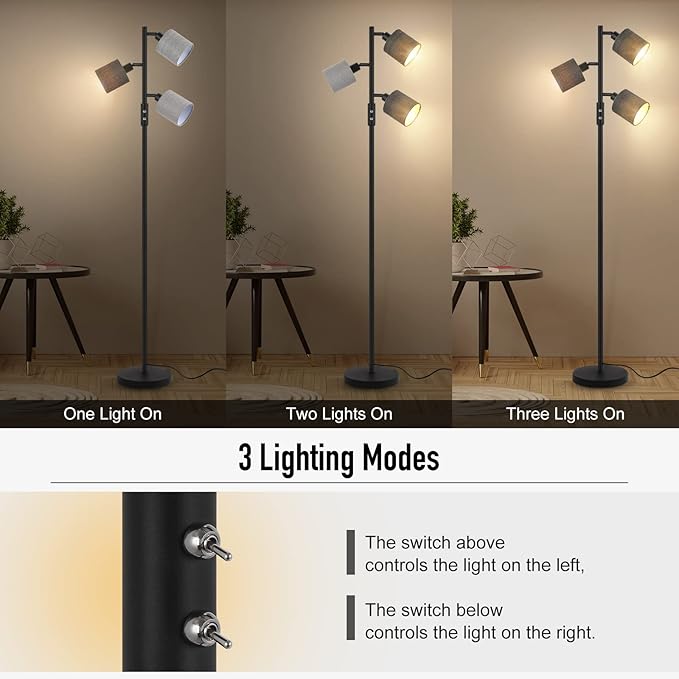 BoostArea Floor Lamps for Living Room, 3 Color Temperature, 3-Light Tree Standing Lamp, Minimalist Floor Lamp with Grey Lamp Shades Modern Pole Lamp for Bedroom Office Kids Room, Black (5W LED Bulbs)