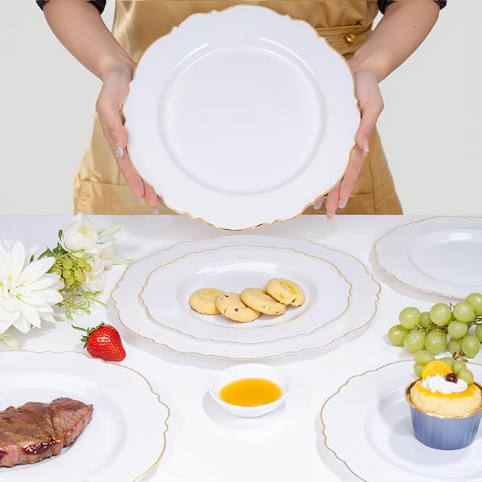 WDF 100pcs Gold Plastic Plates - High-end Baroque Design - Heavy Duty White &Gold Wedding Plates Set Ideal for Weddings/Party/Bridal Shower