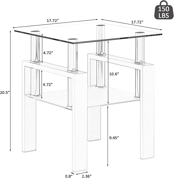 IANIYA Modern Glass End Table, 2-Tier Side Table with Tempered Glass Top & Metal Legs, Night Stand Corner for Living Room, Bedroom, White
