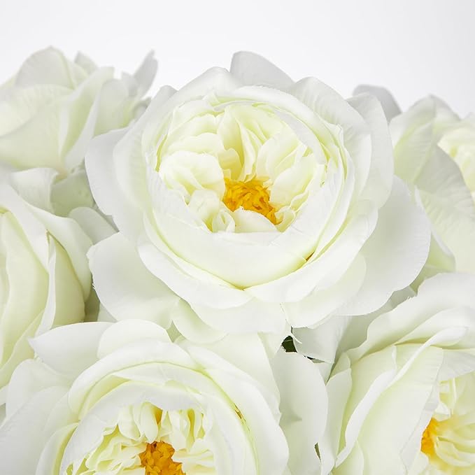 Hollyone White Roses Peonies Artificial Flowers with Glass Vase Silk David Austin Roses Faux Flowers Arrangements with Clear Faux Water in Vase Fake Peonies Rose Peony Floral Bulk Bouquet Home Decor