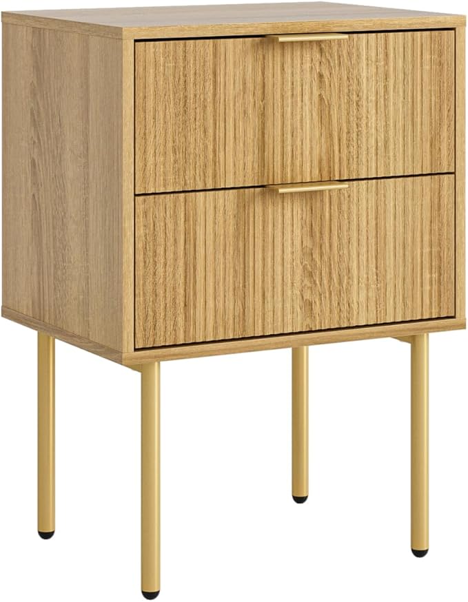 Nightstand,Morden Bedside Table with Gold Frame,Small White Night Stand,End Table,Bedside Furniture,Side Table with Drawer and Shelf for Bedroom,Living Room (2Drawers, Oak)