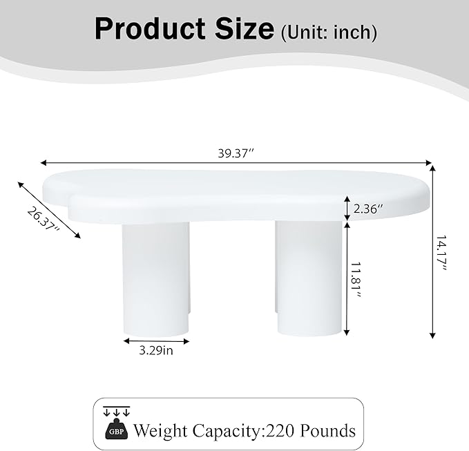 Cloud Coffee Table, Cute Irregular Coffee Table with Wide Tabletop, Accent Center Table, Cloud Shape Modern Coffee Tables for Living Room, Home Office (White)