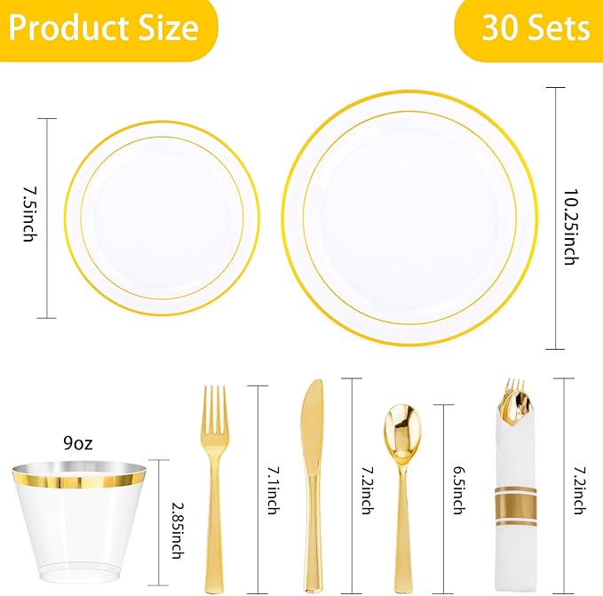 DaYammi 210PCS Clear Gold Plastic Dinnerware Set for 30 Guests, Fancy Disposable Plates for Party, Include: 30 Dinner Plates, 30 Dessert Plates, 30 Pre Rolled Napkins with Gold Silverware, 30 Cups