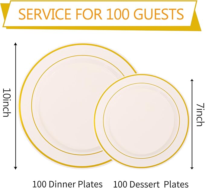 I00000 200 Pcs Gold and Ivory Plastic Plates, Ivory Disposable Party Plates Include 100 Dinner Plate 10’’ and 100 Plastic Dessert Plate 7’’ Perfect for Birthday, Party & Wedding