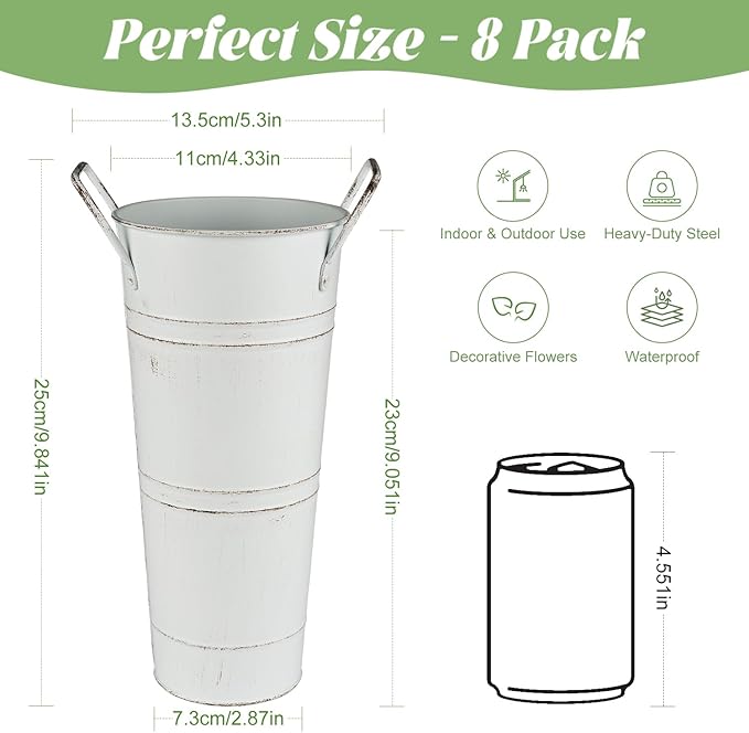 9 Inch Galvanized Metal Vases for Flowers - 8 Pcs Farmhouse Decorative Tall Flower Bucket with Handles, Rustic French Tin Planter Buckets for Table Weddings Home Decor (White, 8 Pcs 9inch)