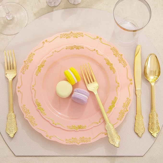 Supernal 210 Pink and Gold Plastic Plates ＆ Plastic Silverware,Elegant Party Cups,Dessert/Salad Plate with Gold Rim, disposable paper Napkins,Suit for Bridal Shower, Wedding,Birthday