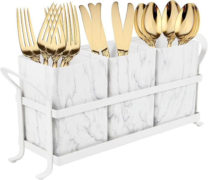 Kitchen Utensil holder for Countertop, Silverware Caddy,Marble White Cutlery Holder Utensils Organizer for Party Gatherings, Metal and Durable Design
