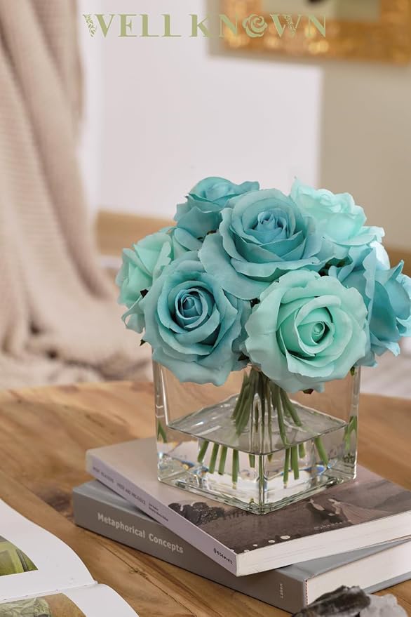 WELL KNOWN Rose Artificial Flowers in Vase with Faux Water, Silk Rose Table Centerpieces for Home Coffee Table Decor, Fake Roses Flower Arrangements for Office Hotel Lavatory Decor (Light Teal Blue)