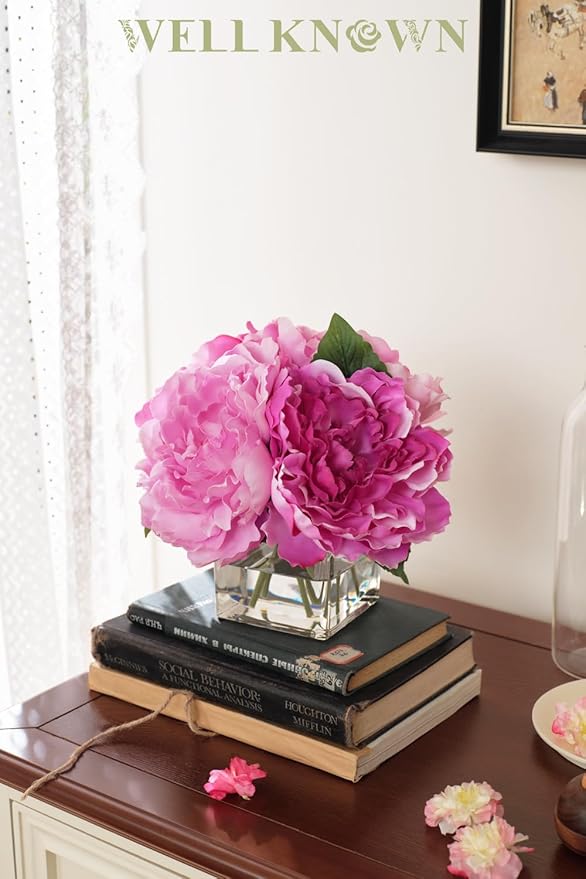 Artificial Peonies Flowers Arrangements in Cube Glass Vase, WELLKNOWN Silk Flower Centerpieces for Dining Room Table, Coffee Table Decor, Faux Peony Flowers with Faux Water (Bicolor Purple)