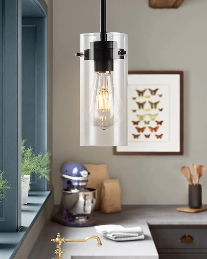 EAPUDUN Pendant Lights (2 Packs), Hanging Lights Fixtures, Clear Glass Shade Kitchen Lighting, Matte Black Farmhouse Kitchen Dining Table Ceiling Lights -PDA1353-B-MBK