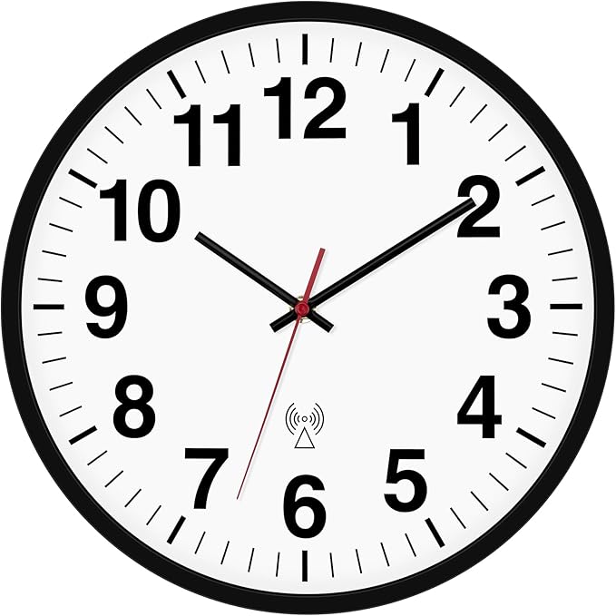 Foxtop Atomic Analog Wall Clock 12 Inch Battery Operated Round Modern Wall Clock Sets Automatically for Office Classroom Bedroom Kitchen Living Room (Black)