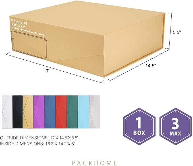 PACKHOME 17x14.5x5.5 Inches, 3 Extra Large Gift Boxes with Lids, Magnetic Closure Boxes for Clothes and Large Gifts (Kraft)