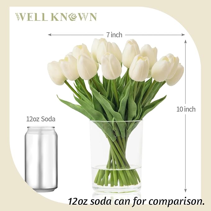 WELL KNOWN 20 Pcs White Tulips Artificial Flowers in Vase, Fake Flowers in Glass Vase, Real Touch Fake Tulips Artificial Flowers in vase with Faux Water for Home Decoration, Dining Table