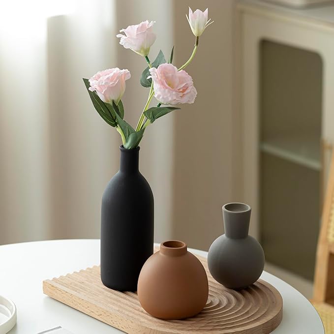 Modern Ceramic Vase Set of 3, Decorative Flower Vases for Home, Multicolor Pottery Vases for Living Room, Kitchen, Bedroom, Shelf, Rustic Farmhouse (Black Mix)