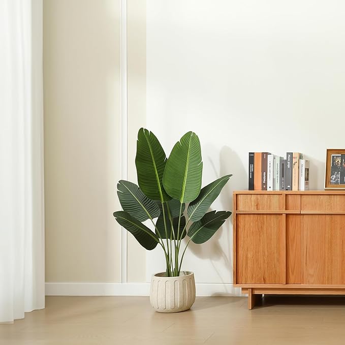 Artificial Plants 4FT Artificial Bird of Paradise Plant in Pot, Tall Fake Tree with Woven Basket, Realistic Faux Palm Tree 8 Trunks Silk Plants for Modern Home Décor Indoor Outdoor Office