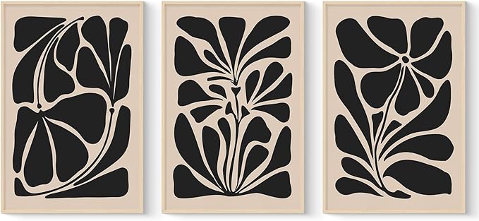 VIYYIEA Large Framed Canvas Wall Art, 24x36in Set of 3, Black White Abstract Floral Art Painting for Living Room Bedroom Office, Above of Bed Modern Minimalist Decor, Big Oversized Vertical Artwork