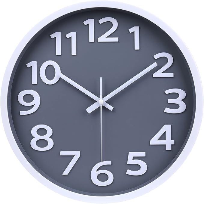 Wall Clock 12 Inch Silent Non-Ticking Battery Operated Clock Big Numbers Easy to Read Wall Clocks Decorative for Bathroom Office Kitchen Bedroom (Gray)