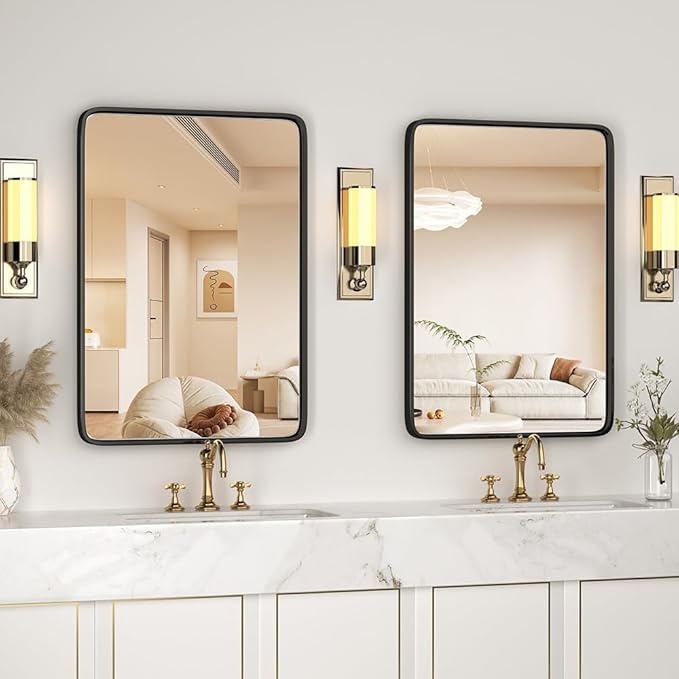 2pack Black Metal Framed Bathroom Mirror for Wall, 18X30 Inch Rounded Rectangle Mirror, Matte Black Bathroom Vanity Mirror Farmhouse, Anti-Rust, Tempered Glass, Hangs Horizontally or Vertically