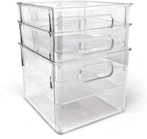Isaac Jacobs 3-Pack Medium Clear Storage Bins with Handles, Plastic Organizer for Home or Fridge/Freezer, Pantry and Kitchen Non-Slip Container Set, BPA Free, Food Safe (3-Pack, Medium)