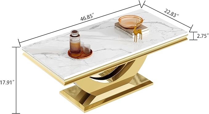 Modern Marble Coffee Table with Stainless Steel Pedestal, 47" Luxury Gold Coffee Tables for Living Room, Unique Faux Marble Cocktail Table Rectangle Funky Coffee Center Table for Living Room