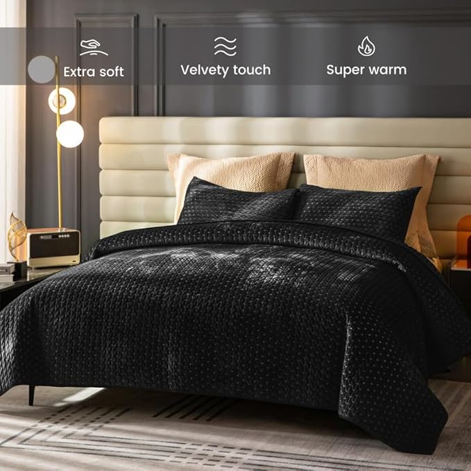 Black Velvet Quilt Twin Size Set,Lightweight Velvet Comforter Set,Luxurious Bedspread Coverlet with Brushed Back,Ultra Soft Cozy Warm for All Season