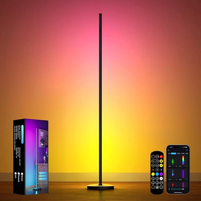 Corner Floor Lamp, 70" LED Floor Lamp with APP and Remote Control, 16 Million Colors & Warm White Dimmable, Music Sync, Timer, Color Changing Ambient Light for Living Room, Bedroom, Game room