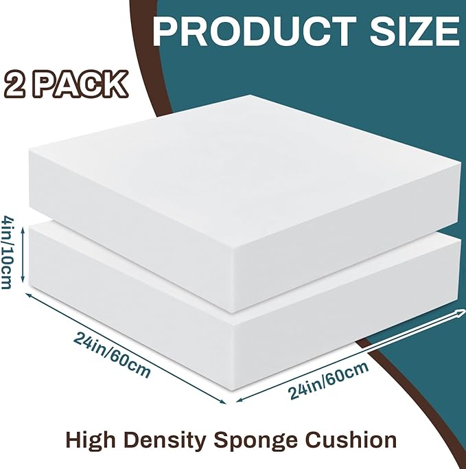 Frienda 2 Pack 4" x 24" x 24" Upholstery High Density Foam Cushion Replacement Square Cut to Size Foam Couch for Chair Couches Padding Shipping Packing DIY Cosplay Projects