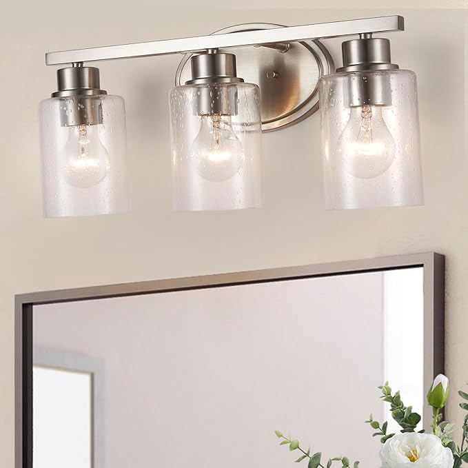 Bathroom Vanity Light Fixtures Over Mirror, Seeded Glass Bathroom Vanity Light, 3 Light Brushed Nickel Bathroom Light Fixtures with Clear Glass, Modern Rustproof Vanity Light Wall Mount